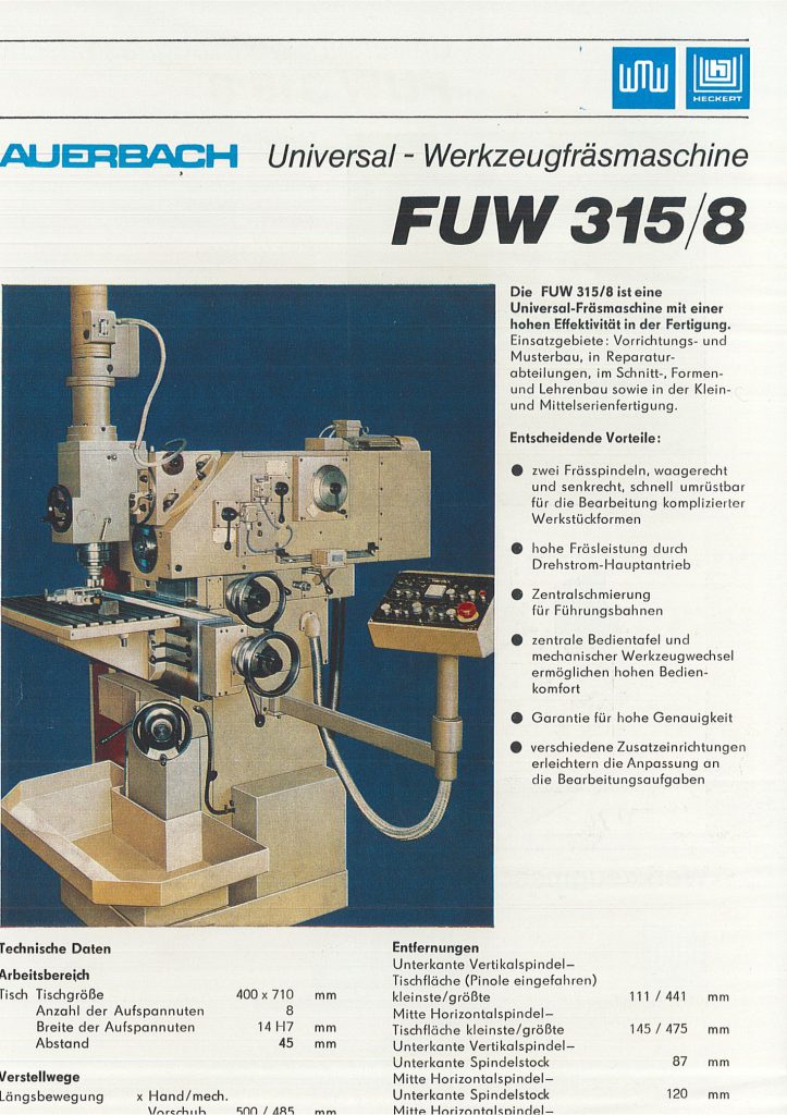Universal-Konsol-Fräsmaschine AUERBACH WMW Fritz Heckert FUW 315/8 Bedienanleitung als Download